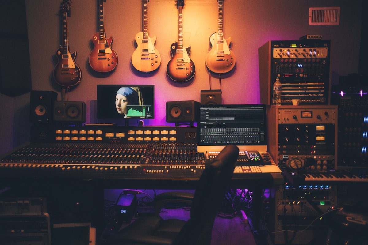 A microphone and headphones in a recording corner